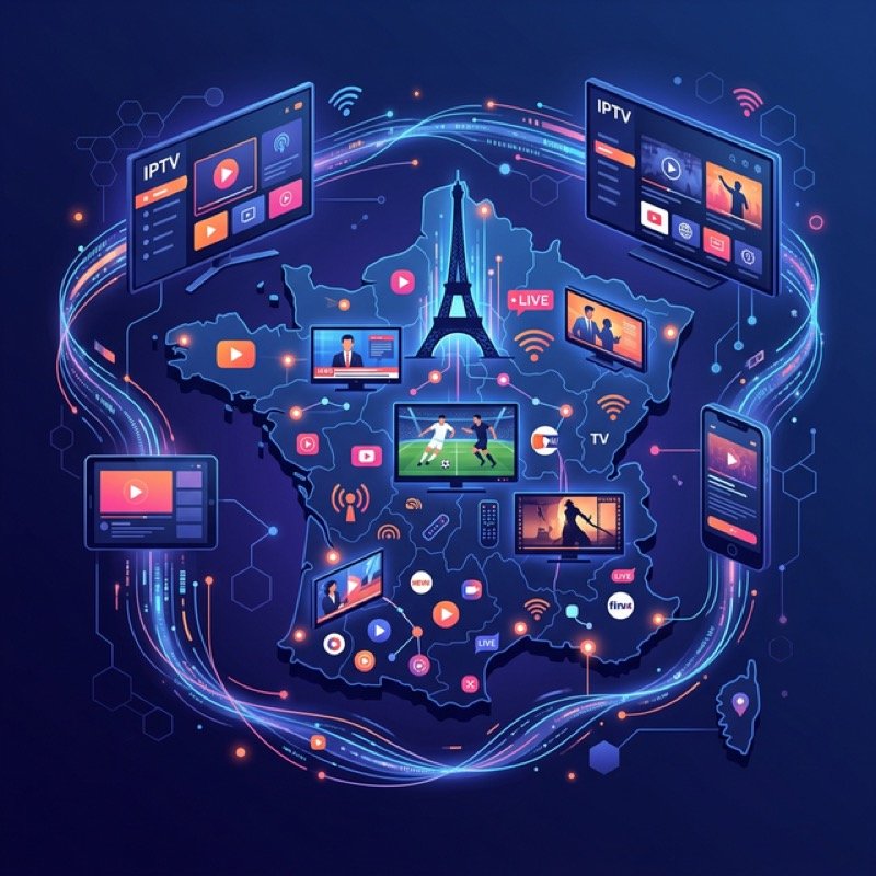 Guide complet IPTV France 2026 avec carte de France et icones de chaines TV