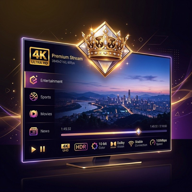 Service IPTV Premium avec ecran 4K affichant des chaines haute definition