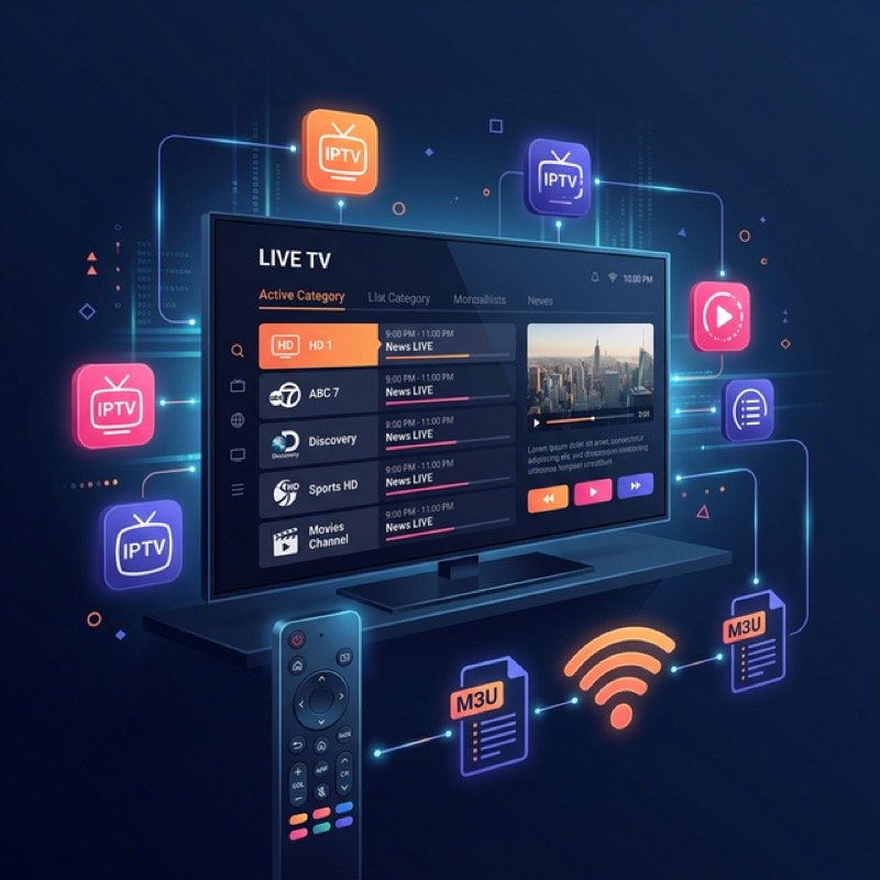 Application SS IPTV sur Smart TV avec liste de chaines et telecommande